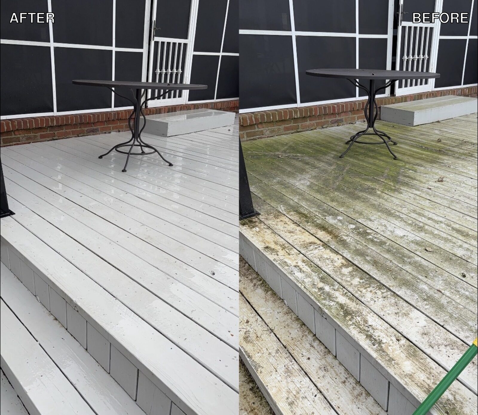Deck before and after pressure washing, same deck and furniture, mildew removed