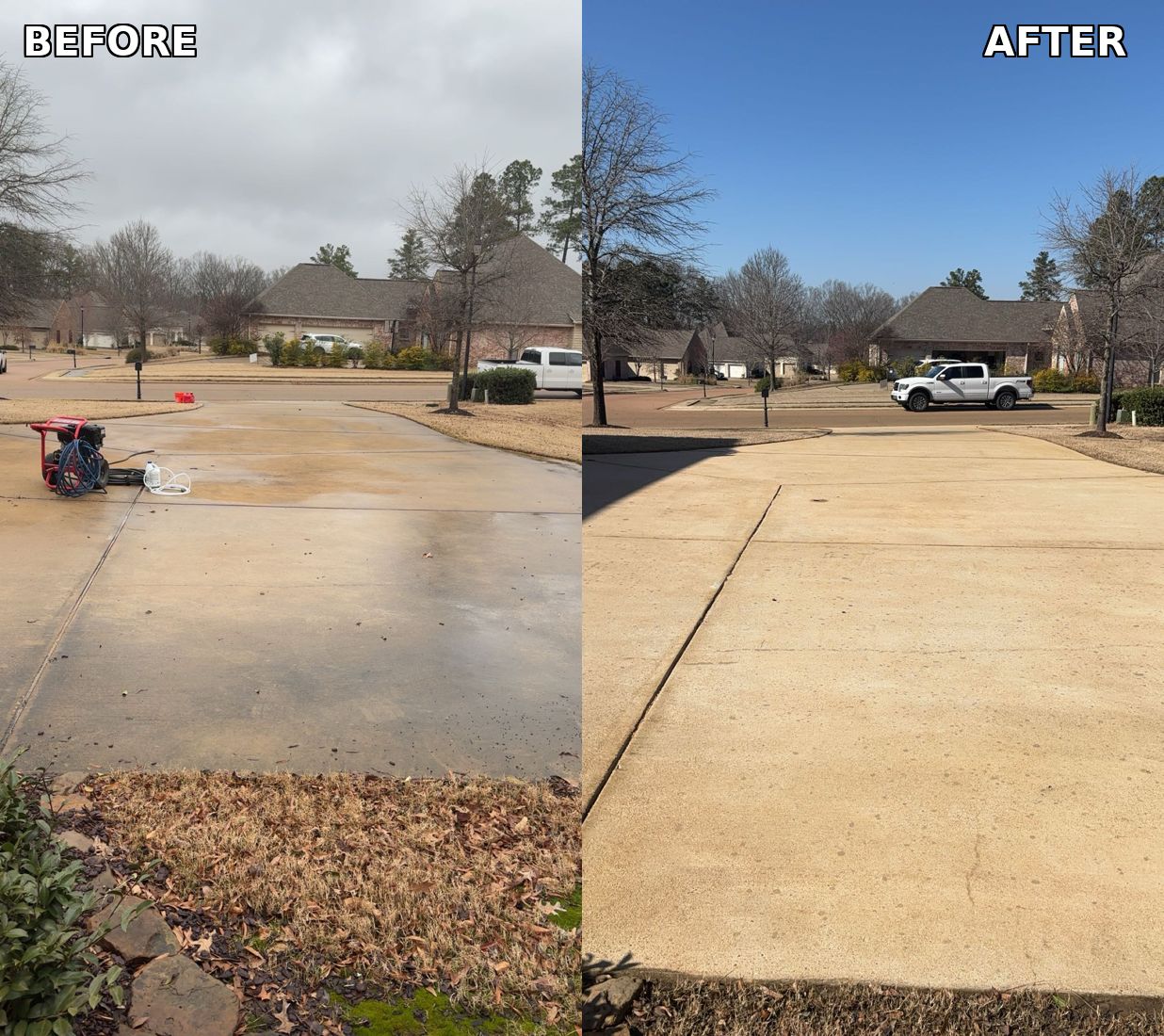 Driveway before and after pressure washing